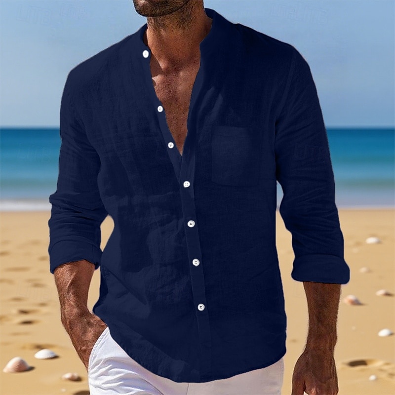 Per uomo Camicia Camicia di lino Camicia Estiva Abbigliamento da spiaggia Camicia con Bottoni Semplice Vacanza Quotidiano Bianco Giallo Blu marino Blu Manica Lunga Colletto alla coreana Estate Autunno del 2026 a $24.99 –P12