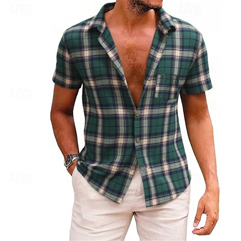 Herren Hemd Sommerhemd Freizeithemd Strandhemd Knopfhemd Gelb Rote Grün Kurzarm Karomuster Revers Urlaub Hawaiianisch Tasche Bekleidung Polyester Mode Lässig Bequem 2025 - $21.99 –P8