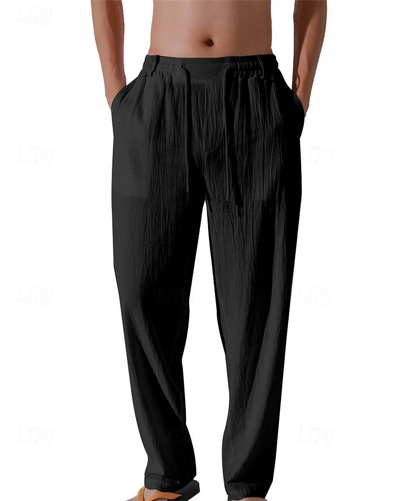 Herr Linne Byxor Långbyxor Sommarbyxor Strandbyxor Snörning Ficka Elastisk midja Slät Komfort Andningsfunktion Semester Dagligen Helgdag Hawaiisk Boho 다크 카키 Svart 2025 - $17.99 –P15