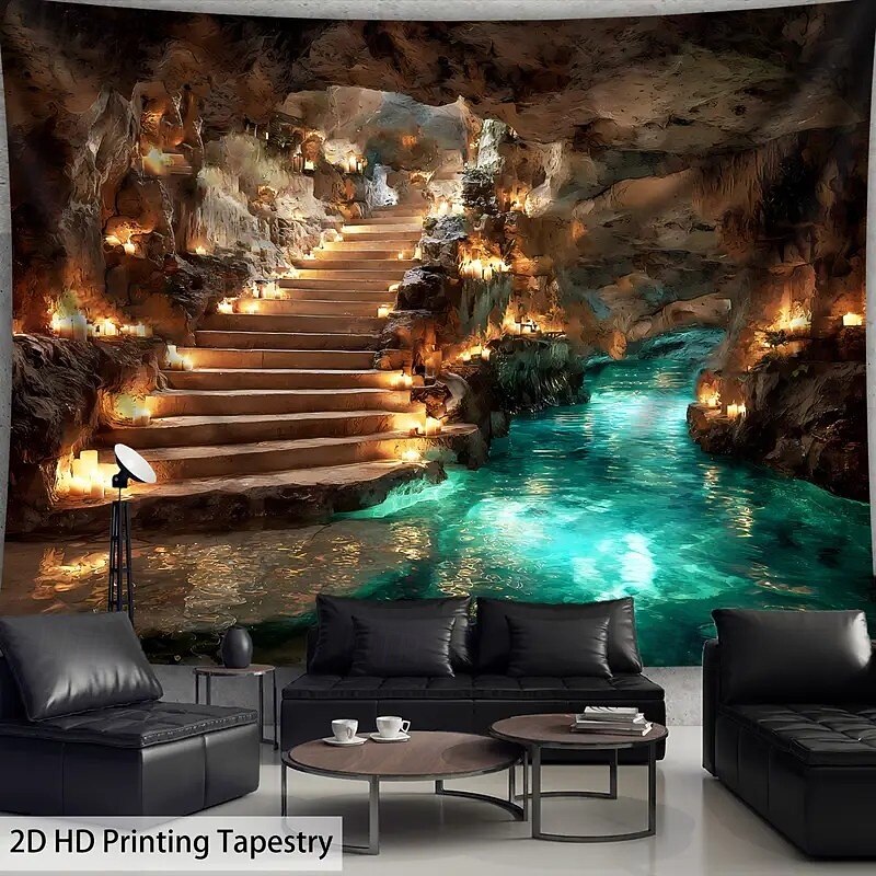 Extra großer Wandteppich zum Thema Höhlenerkundung mit HD-Untergrund-Stalaktitendecke und türkisfarbener Flusslandschaft als Wandkunst, knitterfreies Polyester-Hängedekor für Wohnzimmer, Schlafzimmer, 2026 - $16.99 –P2