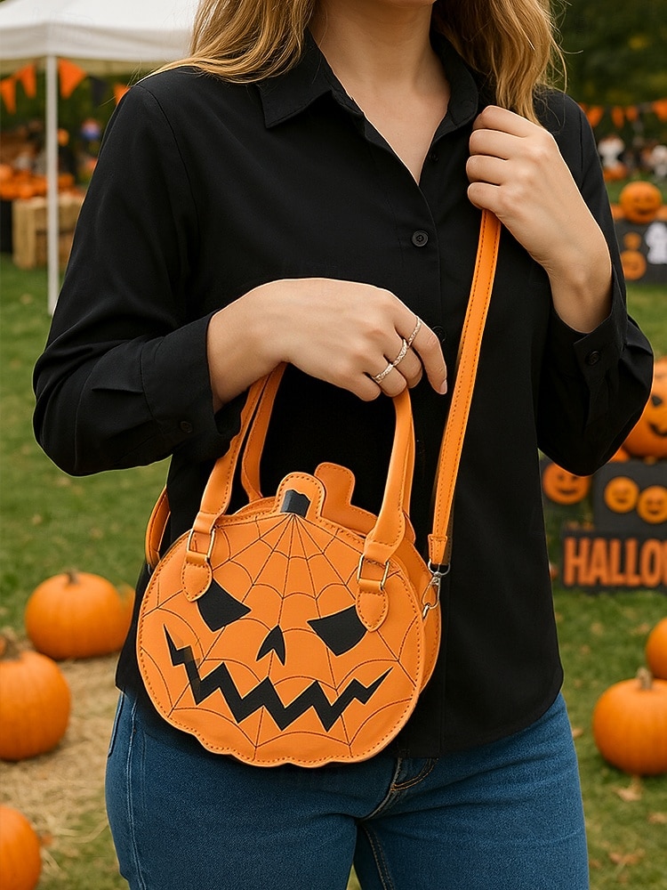 Halloween-pumpahandväska för kvinnor – söt axelväska med pumpamotiv och spindelnätsdesign, väska i konstläder för fest, cosplay och högtidskläder 2025 - $18.99 –P1