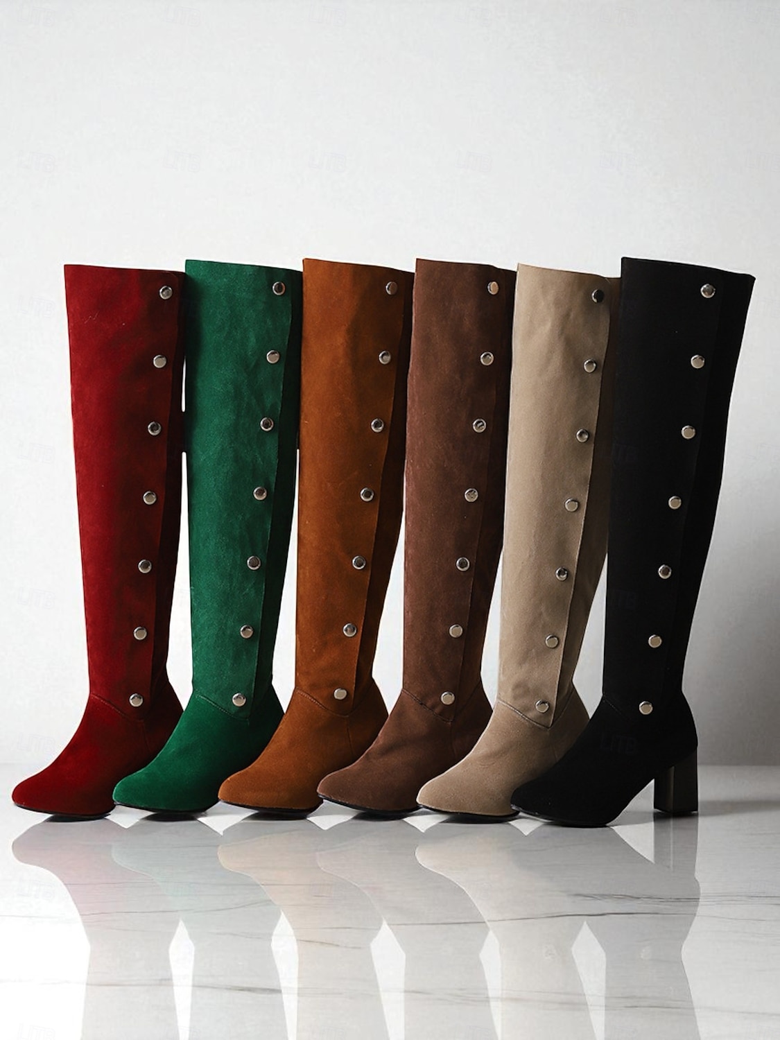 stivali sopra il ginocchio da donna in pelle scamosciata bordeaux con tacco a blocco e bottoni decorativi - versatili per l'autunno &calzature invernali alla moda per look streetwear e serali alla del 2026 a $69.99 –P1