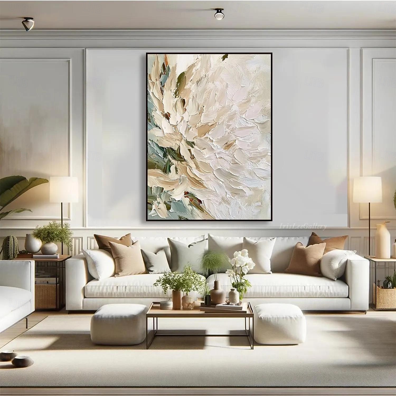 florales abstraktes Ölgemälde auf Leinwand beige weiß strukturierte Wandkunst minimalistisch weiche Palette Messer Wandkunst große moderne neutrale Wohndeko 2025 - $38.99 –P8