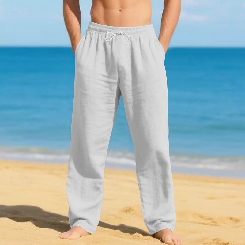 Men's Linen Pants Trousers Summer Pants Beach Pants Drawstring Elastic Waist Straight Leg Plain Comfort Breathable Full Length Casual Daily Beach Vacation Fashion White Sky Blue 2026 - $22.99 –P8