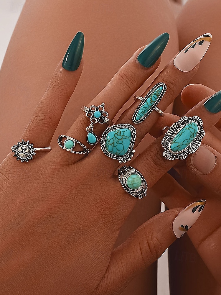 Women's Turquoise Ring Set - Multi-Piece Set of Vintage Bohemian Alloy Jewelry for Women's Holidays, Beach Vacations and Everyday Wear 2025 - $8.39 –P6