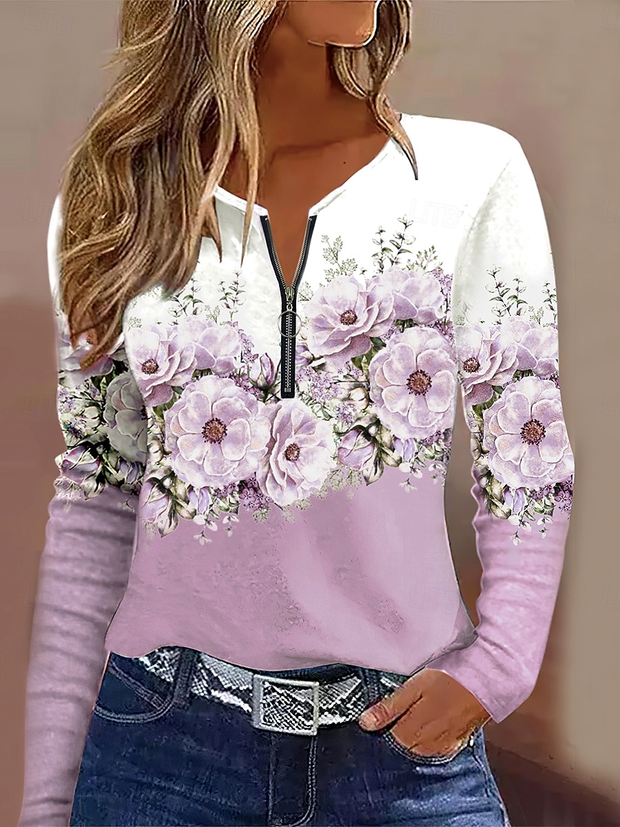Femmes T-shirt A Ombre Fleuri Graphique Élégant ancien Classique manche longue Col rond Encolure en V Hauts Réguliers Quotidien Week-end Fermeture éclair Imprimé Rose Claire Bleu Ciel Violet de 2025 ? $23.99 –P4