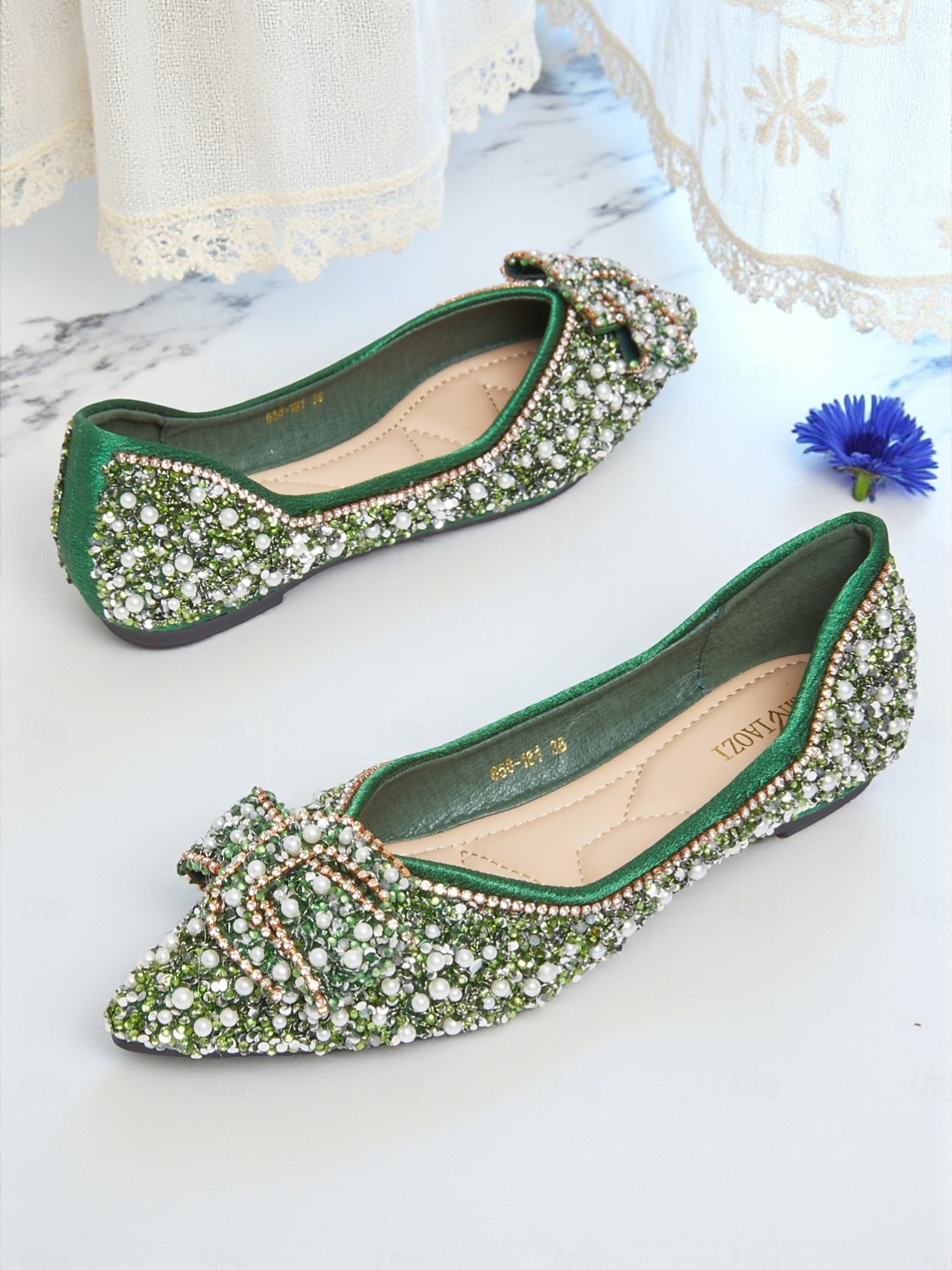 Women's Green Rhinestone Pearl Flats - Pointed Toe Slip-On Dress Shoes with Buckle Detail for Cocktail Parties & Evening Events 2026 - $42.99 –P2