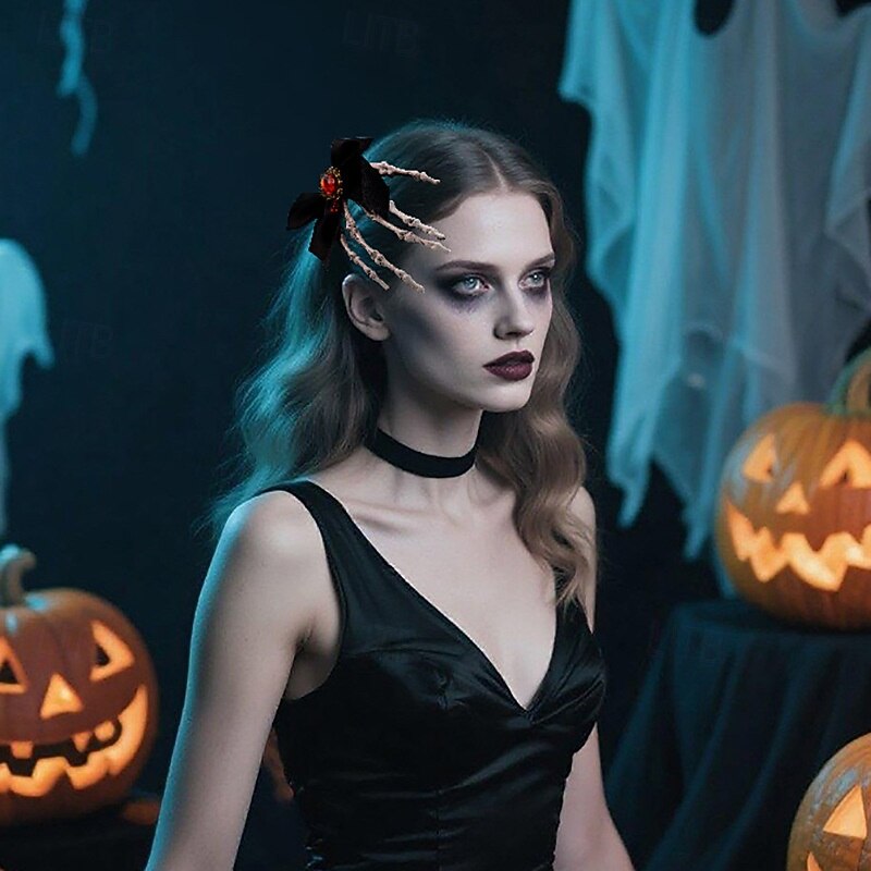 Dámská černá sponka do vlasů s mašlí v gotickém stylu s detailem kostlivé ruky, ideální na halloweenskou párty. 2025 - $14.99 –P1