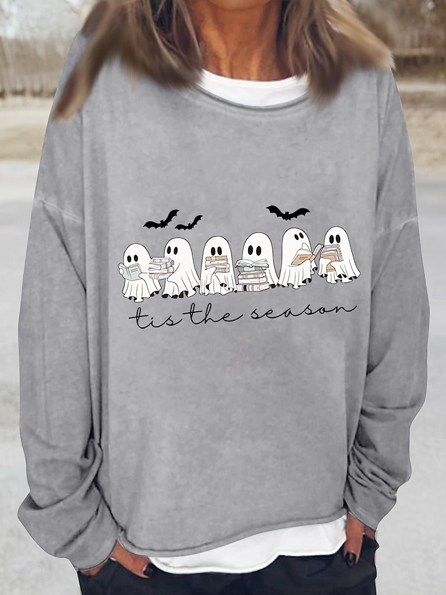 Sweatshirts Femme Halloween Décontracté Manches Longues Col Ronde Tops Classiques Imprimé Décontracté Noir Blanc Rose Kaki Gris Automne Hiver de 2025 ? $24.99 –P5