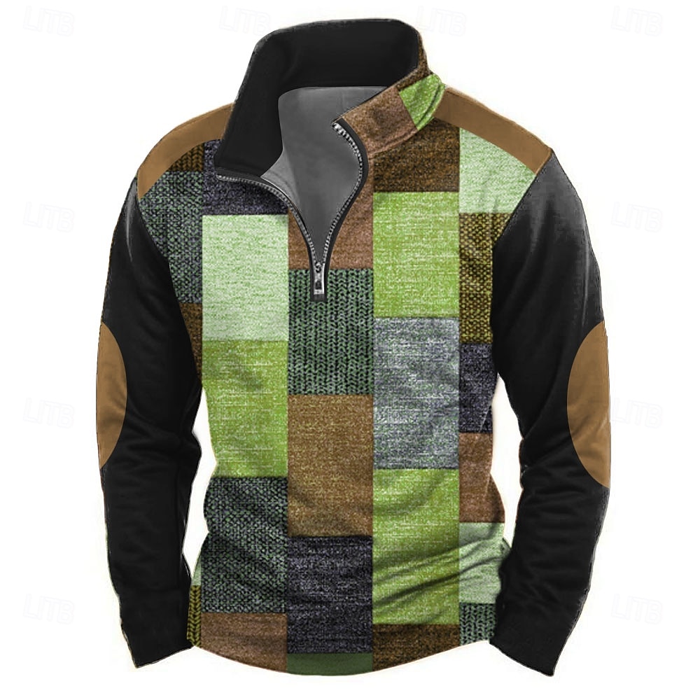 Herr Geometrisk Rutig Tröja Ledigt Långärmad Hög hals Semester Streetwear Rubinrött Blå Dragkedja Fjärdedels blixtlås Höst Vinter Designer 2025 - $28.99 –P4
