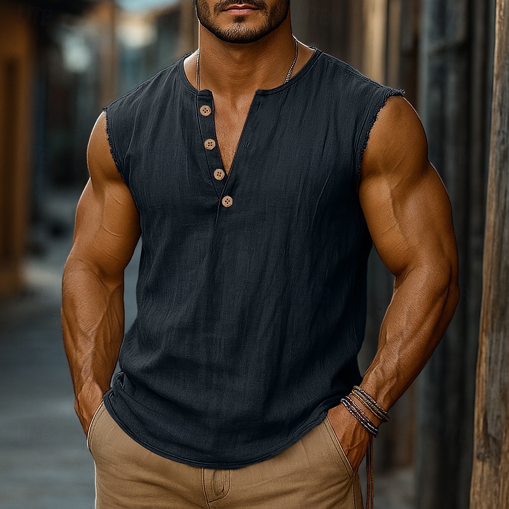 Pánské Bavlněná lněná košile Tričko Henley Vesta Top Bez rukávů Henley Léto Bez vzoru Módní Designové Cikánské Knoflíky Dovolená Ležérní Jdeme ven Světle modrá Černá Bílá Top tričko pro muže 2026 - BHD 7.02 –P8