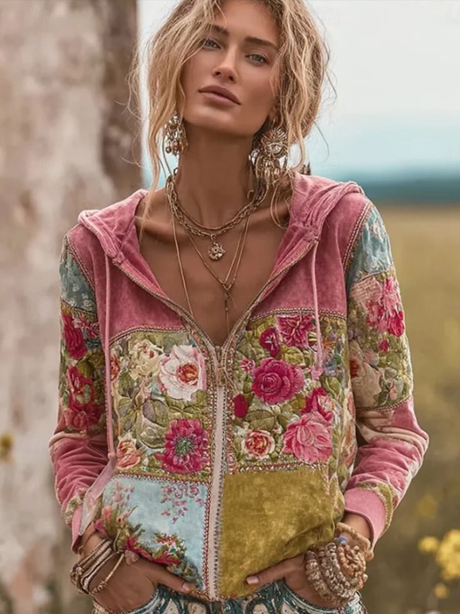 Femmes Sweats à capuche zippés Fleuri Punk Actif ancien manche longue À capuche Hauts Réguliers Maison Tenue Quotidienne Occasionnel Patchwork Rose Claire Gris foncé Beige Automne Hiver de 2025 ? $34.99 –P1