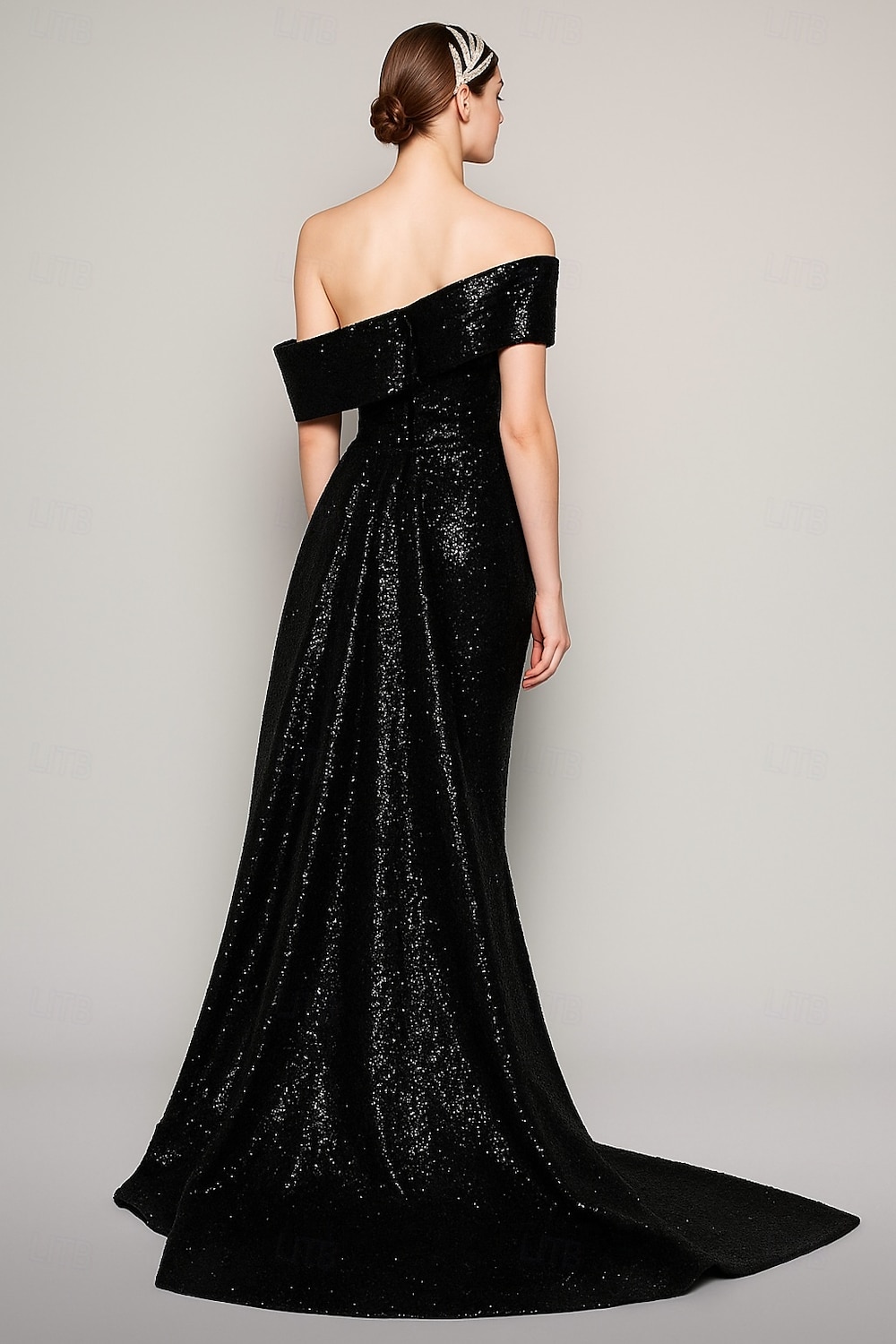 Sequined Black Blue A-Line Evening Gown Elegant Dress Carnival Formal Floor Length Short Sleeve One Shoulder Detachable with Glitter 2025 2025 - $144.99 –P2