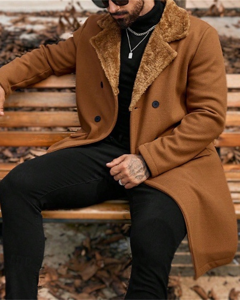Herr Fleece-jacka Peacoat Trenchcoat Semester Dagligen Höst Vinter Polyester Håller värmen Ytterkläder Kläder Mode Klassisk Slät Ficka Kavajslag Dubbelknäppt 2025 - $52.99 –P8