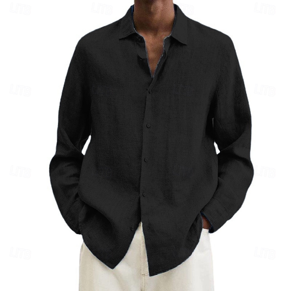 Camicia da uomo in cotone e lino, nera, rosa, blu navy, manica lunga, tinta unita, stile turndown, abbigliamento da vacanza, abbigliamento in poliestere, moda casual del 2025 a $19.49 –P9