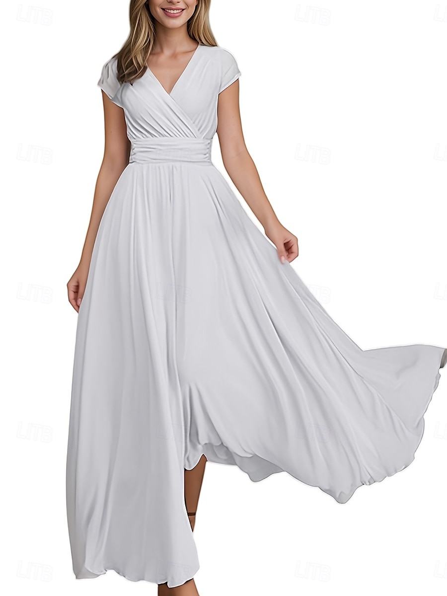 Women's Maxi long Dress Boho Wedding Guest Dress Elegant Stylish Regular Fit Plain Short Sleeve V Neck Black White Yellow Light Green Summer Spring 2025 - $26.99 –P1