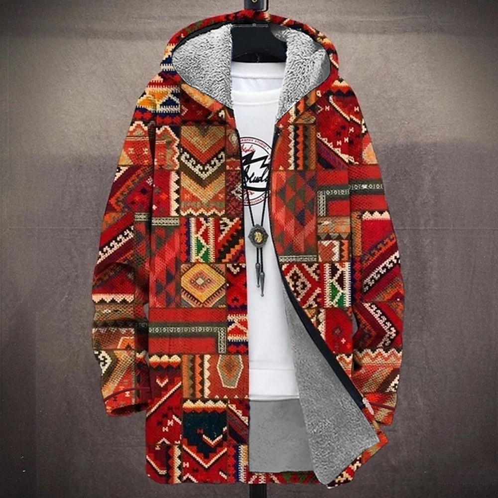 Herr Geometrisk Vinterkappa Fleece-jacka Kappa Håller värmen Bekväm Ledigt Dagliga kläder Dragkedja Ficka 3D-utskrift Höst Vinter Huva Långärmad Vit Rubinrött Brun 2025 - $54.99 –P3