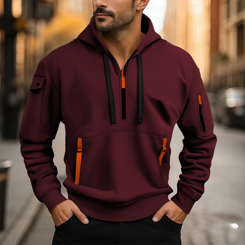 Voor heren Trui met capuchon Hoodie met kwartrits Zwart Wijn Marineblauw Khaki Grijs Capuchon Effen Zak Sport & Outdoor Dagelijks Feestdagen Polyester Streetwear Basic Casual Lente Herfst Kleding 2026 - $22.99 –P5