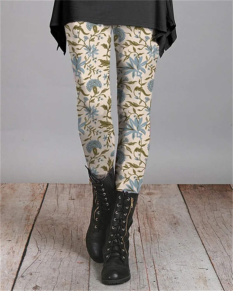 2025年 女性用 パンツ レギンス 心地よいレギンス ストリートファッション カジュアル 全長 ハイウエスト フラワー 弾性ウエスト プリント 通気性 快適 伸縮性あり バケーション ストリート デイリーウェア ホワイト 夏 春 秋 レギュラー  コレクション – $17.99 –P1