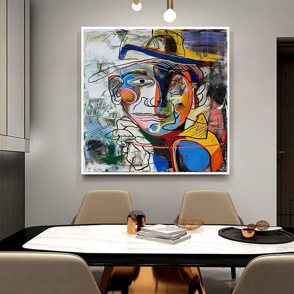pintura a óleo feita à mão, retrato abstrato, arte, bloqueio de cores em negrito, arte expressionista moderna, paleta vibrante, contraste, azul, amarelo, vermelho, pinceladas expressivas, tela de 2025 por $201.49 –P1