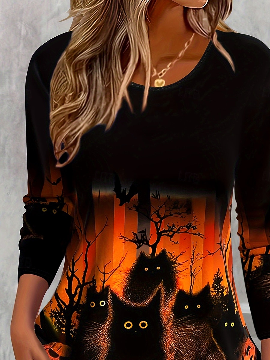 Women's T shirt Pumpkin Graphic Cat Vintage Stylish Classic Long Sleeve Crew Neck Regular Tops Daily Print Orange Spring Fall Winter 2025 - $22.99 –P3