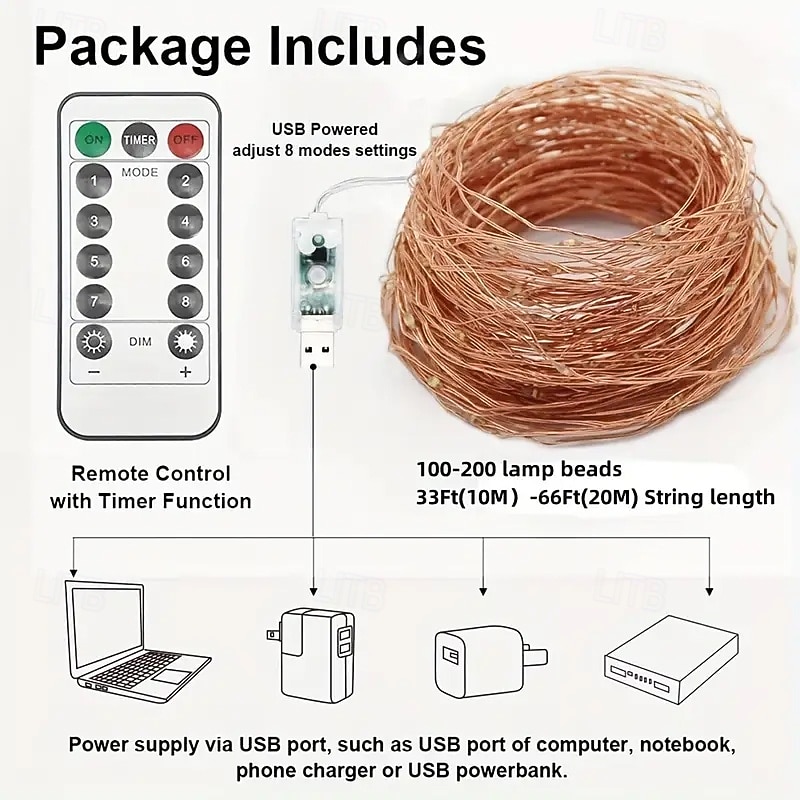 4 шт. 10M/33FT 100 LED лучи волшебных гирлянд для Хэллоуина Дня святого Валентина свадеб и вечеринок внутренние и наружные медные гирлянды USB 8 функций дистанционное управление IP44 водонепроницаемые 2026 - $25.99 –P9