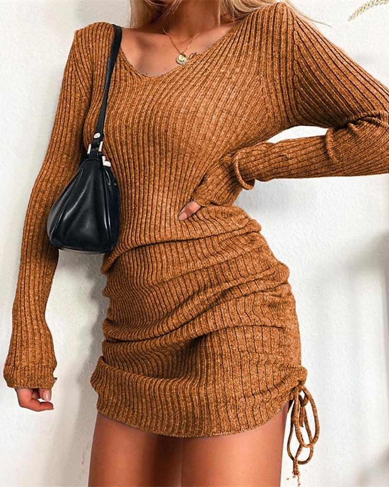 Femmes Mini Robe Robe Pull Mode Moderne Extérieur Vacances Fête Coupe régulière Uni manche longue Col en V Noir Jaune Vin Vert foncé Automne de 2025 ? $19.99 –P5