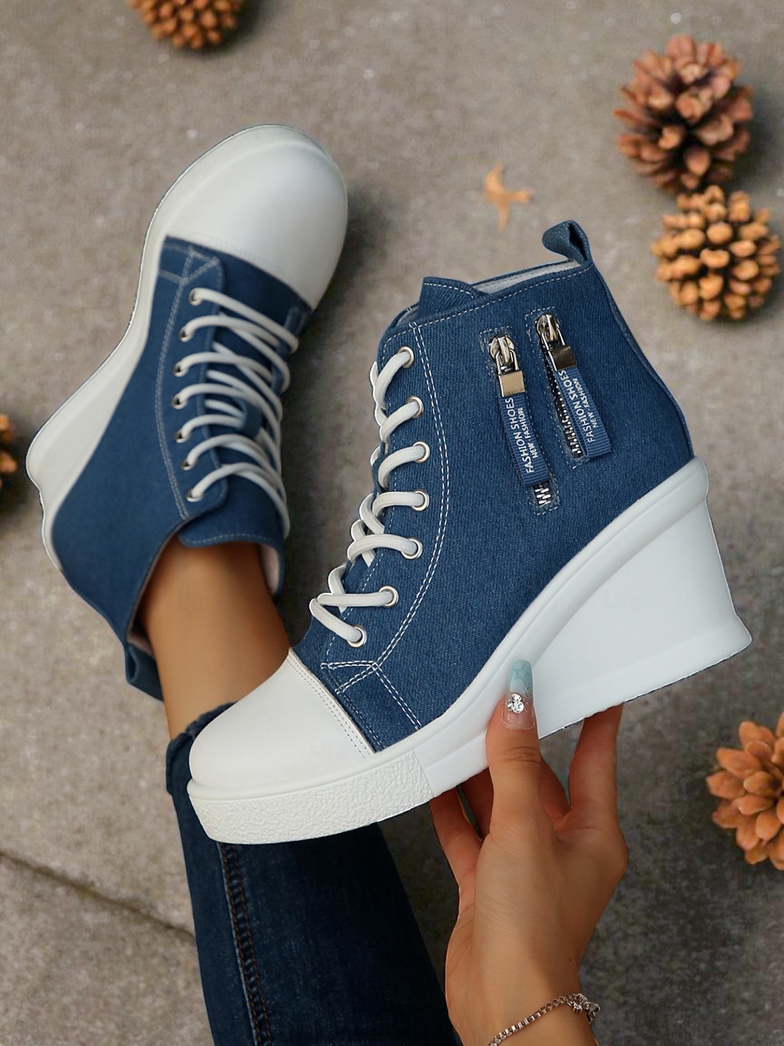 damskie buty sportowe na koturnie z denimu, sznurowane z przodu i zapinane na suwak z boku, codzienne buty na wysokiej platformie do noszenia na co dzień 2025 - $42.99 –P3