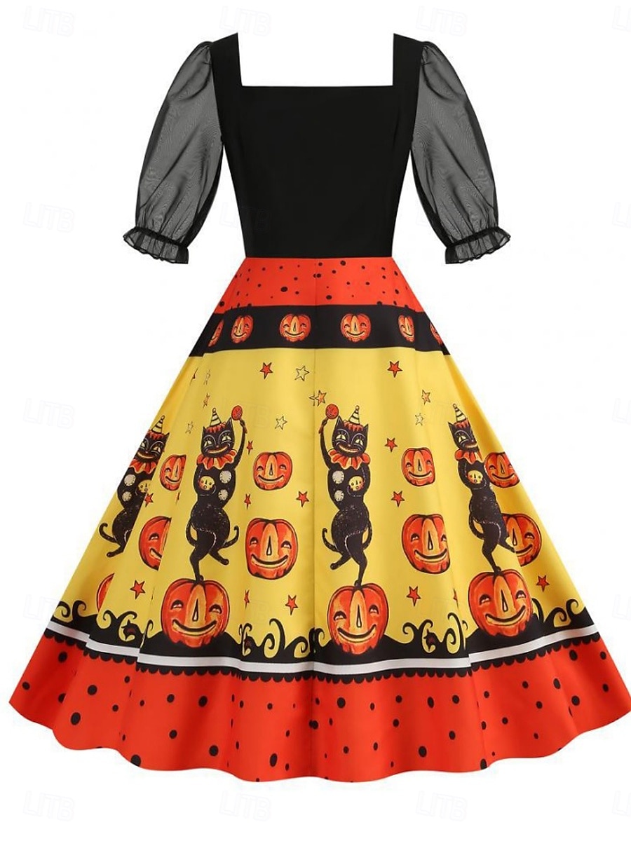 Halloween Naisten Midimekko A linjainen mekko Vapaa-aika Päivittäin Pyhäpäivä Normaali Kurpitsa hämähäkinverkko Lyhythihainen Nelikulmainen kaula-aukko Musta Keltainen Purppura Kesä Kevät Syksy 2025 - $24.99 –P3