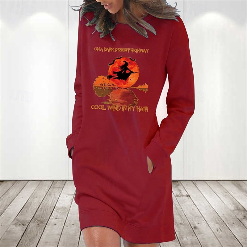 Damen Minikleid Sweatshirt-Kleid Freizeitkleid Mode Modern Halloween Täglich Wochenende Normale Passform Grafik Langarm Rundhalsausschnitt Schwarz Weiß Rote Khaki Frühling Herbst 2025 - $21.99 –P5