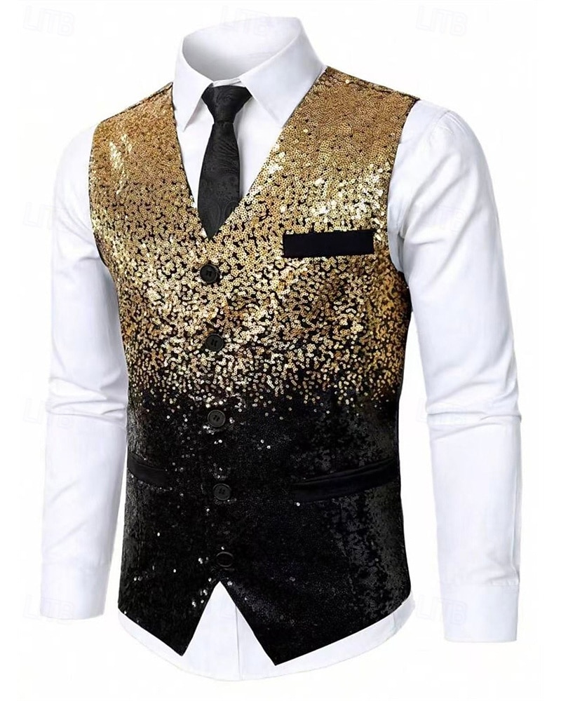 Herre سترة Veste Gilet Feriereise Fest Virksomhet Mote Fritid Vår Høst Lomme Knapper Paljetter Polyester Bekvem Fargeblokk Enkelt Brystet Enn-knapp V-hals Normal Gull Vest 2025 - $37.99 –P3