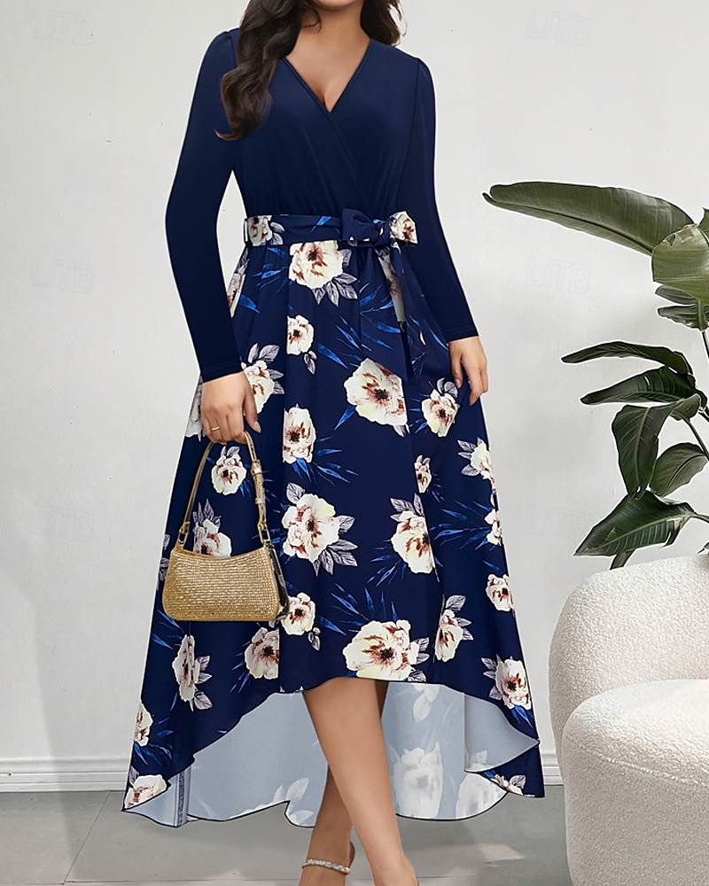 Femmes Robe Longue Maxi Robe Robe Imprimée Mode Extérieur Vacances Fête Coupe régulière Fleur manche longue Col en V Bleu Automne de 2025 ? $25.99 –P1