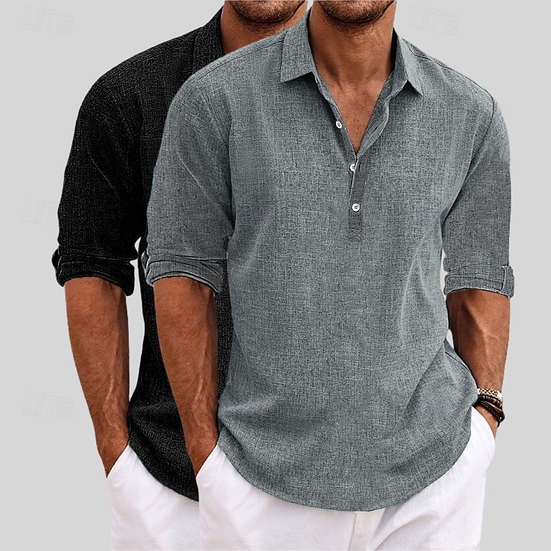 Herren Hemd Leinenhemd Sommerhemd Strandbekleidung Einfach Urlaub Lässig Khaki + Schwarz Blau+Khaki Grau+Khaki Weiss + schwarz Langarm Revers Sommer Frühling Bekleidung 2025 - $29.99 –P2
