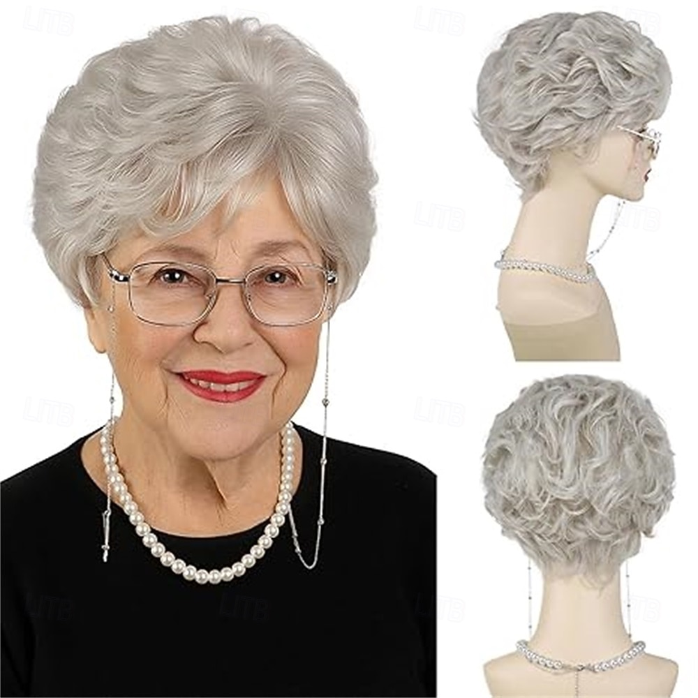 Короткие парики с пикси для женщин пожилого возраста, серебристо-серые многослойные парики с челкой, синтетические волнистые кудрявые парики для пожилых женщин, на каждый день, для вечеринок, для 2026 - zł81.98 –P8