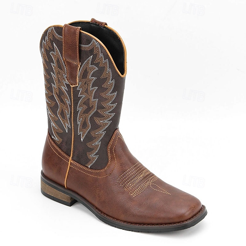 herr western cowboystövlar med fyrkantig tå slip-on halvhög vad ridstövlar avslappnade lantliga skor för dagligt bruk 2026 - $79.99 –P5
