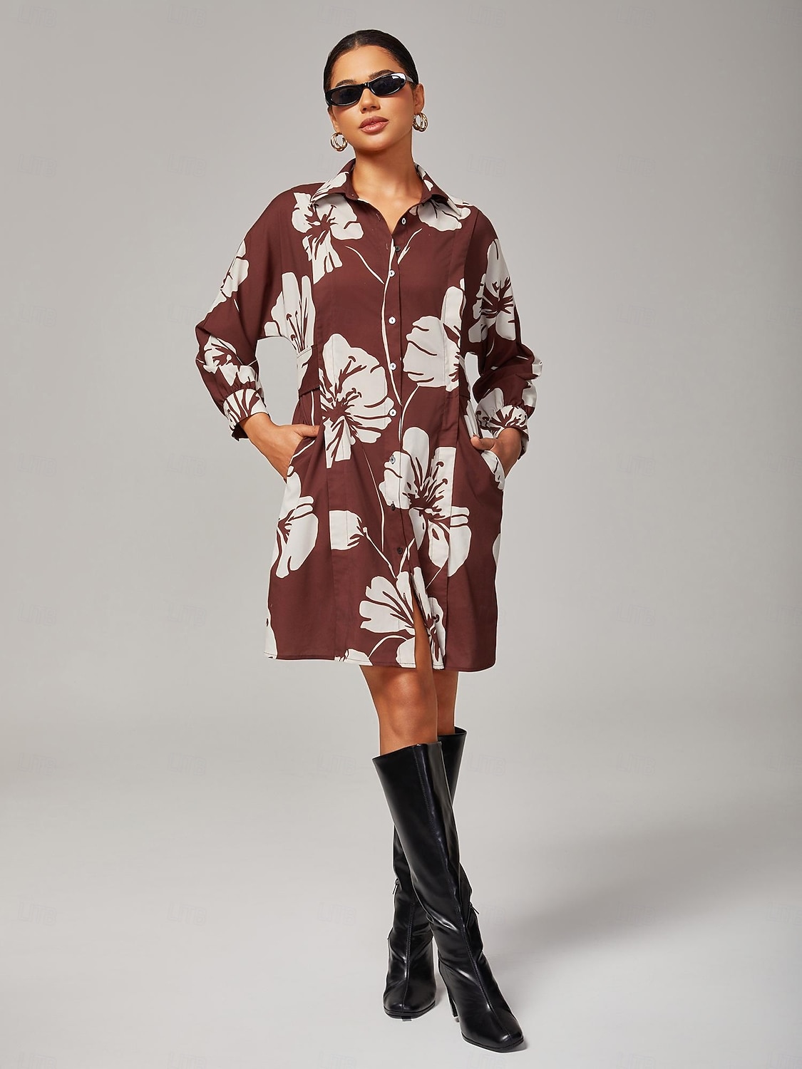 vestito-camicia da donna in rayon filato con maniche raglan, elastico in vita regolabile e stampa floreale marrone del 2025 a $93.99 –P1