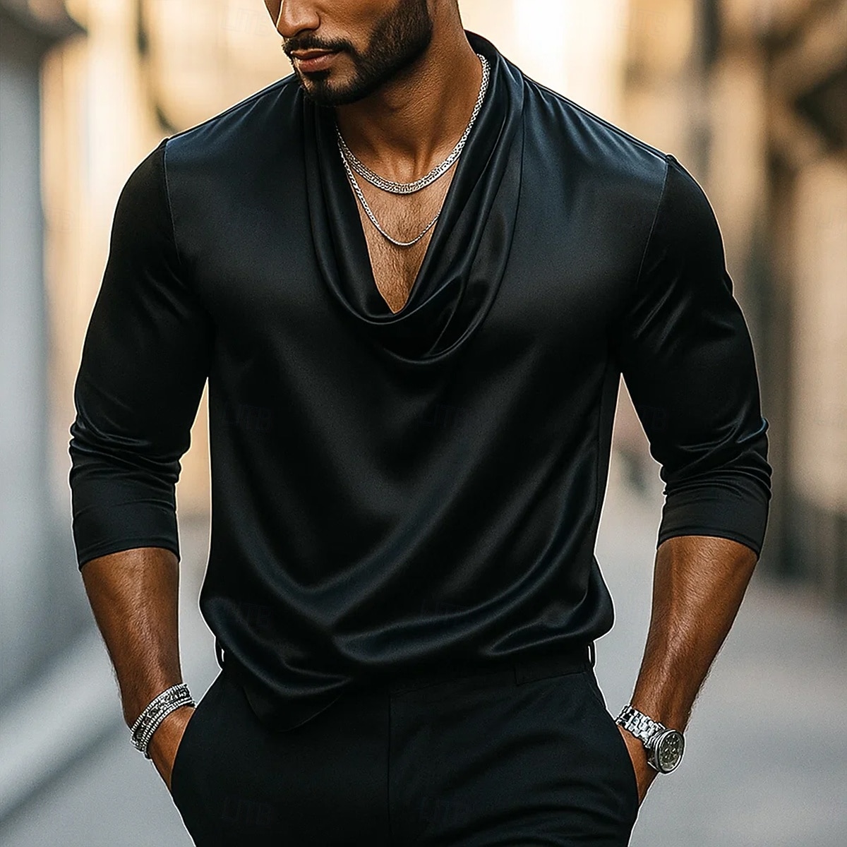 Herren Hemd Seidenartig Satinhemd Freizeithemd Einfach Formell Hochzeit Schwarz Weiß Marineblau Gold Langarm Wasserfallausschnitt Frühling & Herbst Ganzjahres Bekleidung Gerafft 2025 - $21.99 –P5