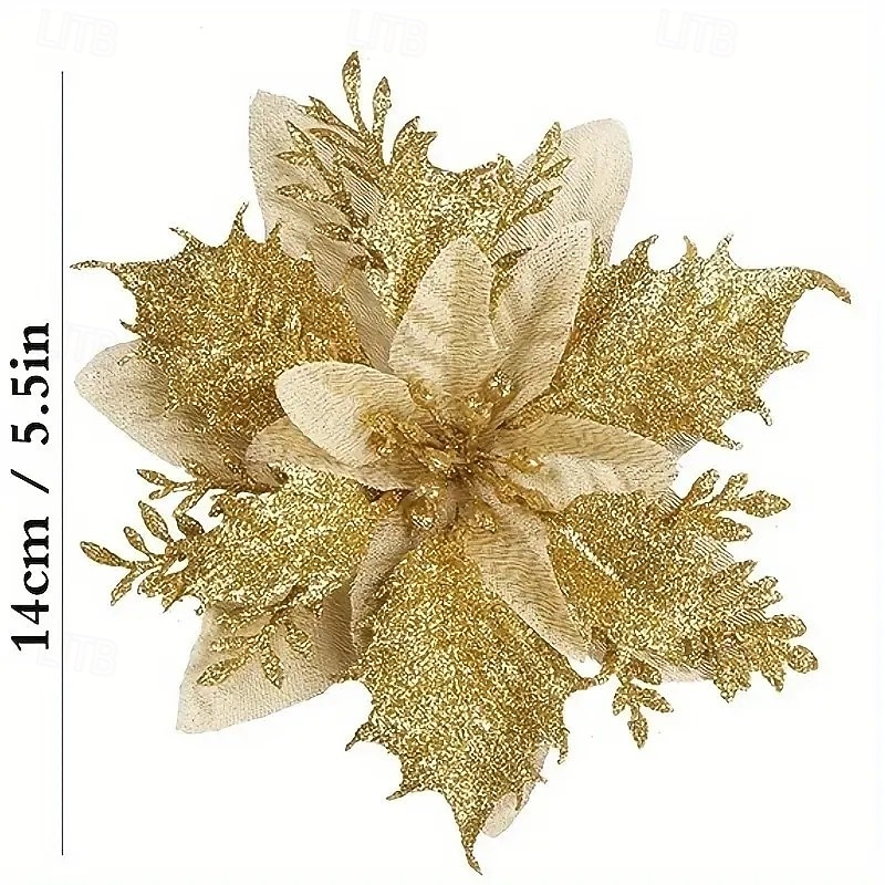 20 искусственных рождественских цветов пуансеттии с двухслойной розовой окантовкой, 5,9 дюйма, сверкающие рождественские цветочные украшения для венков, рождественской елки, свадеб и праздничного 2025 - $19.99 –P10