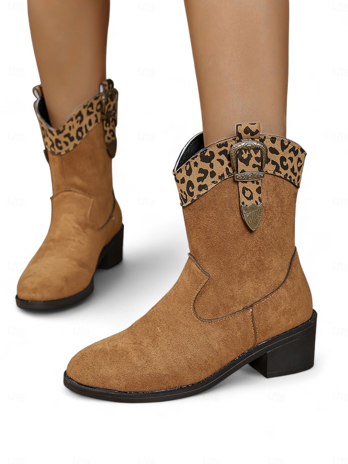 מגפי בוקרים מזמש לנשים עם אבזם בהדפס נמר ועקבים נמוכים, נעליים אופנתיות אורבניות 2025 - $34.99 –P2