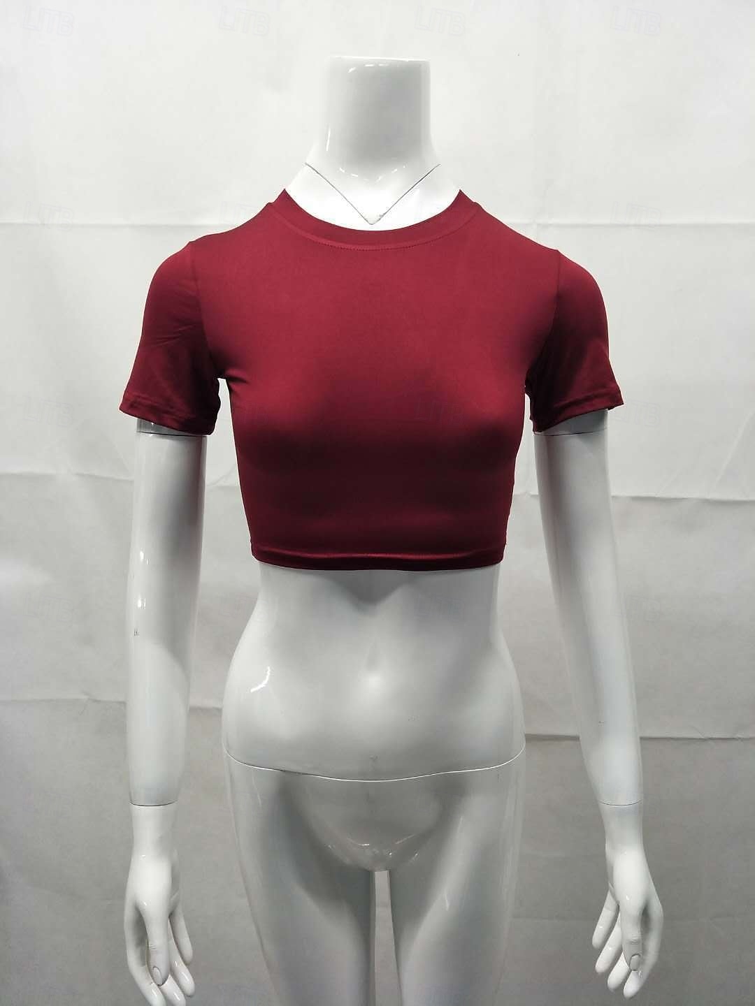 Damen Wickel-Crop-Top Einfach Stilvoll Kurzarm Rundhalsausschnitt Normale Oberteile Blau Schwarz Weiß Wein Braun Sommer 2026 - $17.49 –P2