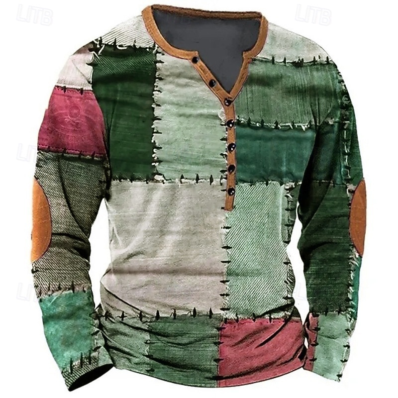 Homme Patchwork T-shirt Chemise Henley manche longue ancien Designer Élégant Extérieur Occasionnel Quotidien Printemps & Été Toutes saisons Violet Vert Kaki Café Gris Henley T-shirt Henley de 2025 ? $10.49 –P6