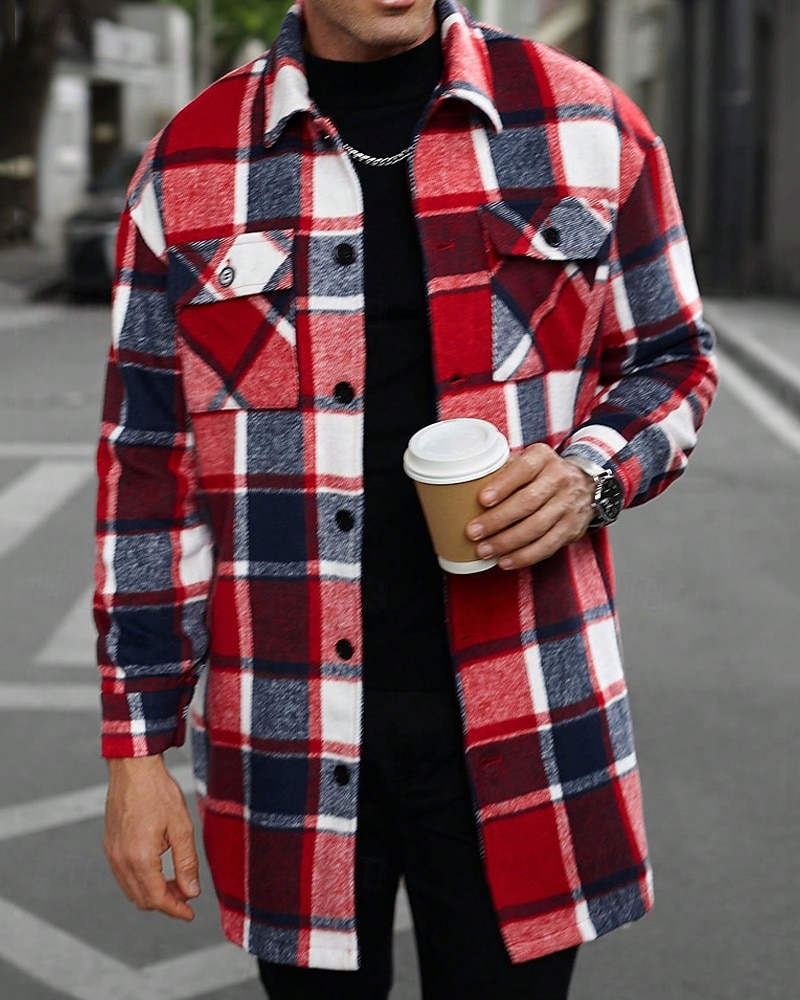 Bărbați Shacket Jachetă cămașă Jachete Iarnă Plisat Vacanță Purtare Zilnică Negru Roșu Vin Portocaliu Kaki Manșon Lung Rever Toamnă Iarnă Îmbrăcăminte Buzunar 2025 - $51.99 –P6