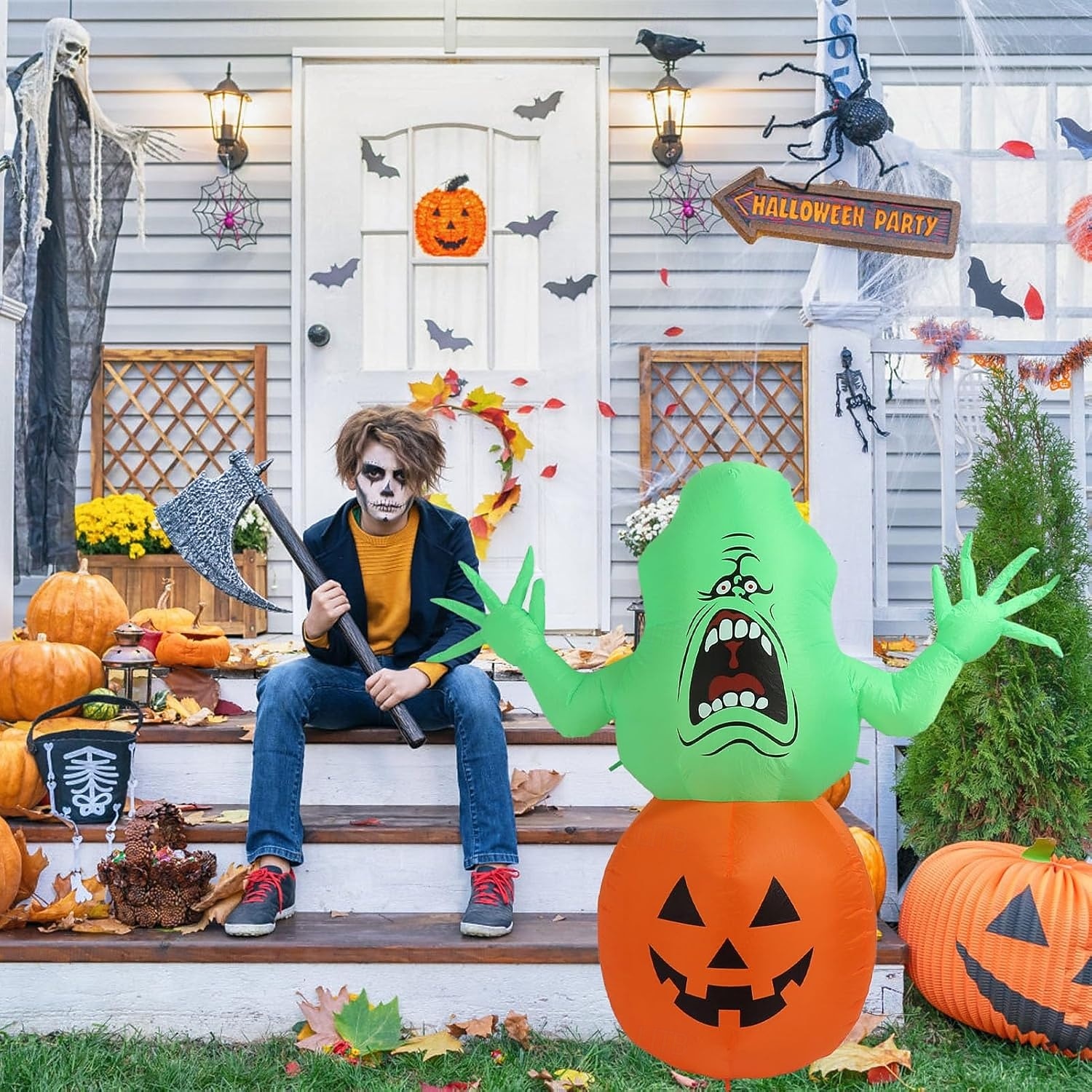 1 peça 1,5m/4,92 pés abóbora fantasma de cabeça verde sorridente de Halloween com lâmpada inflável modelo de ar para áreas internas e externas pátio jardim gramado caminho atmosfera lâmpada decorativa de 2025 por $39.99 –P5