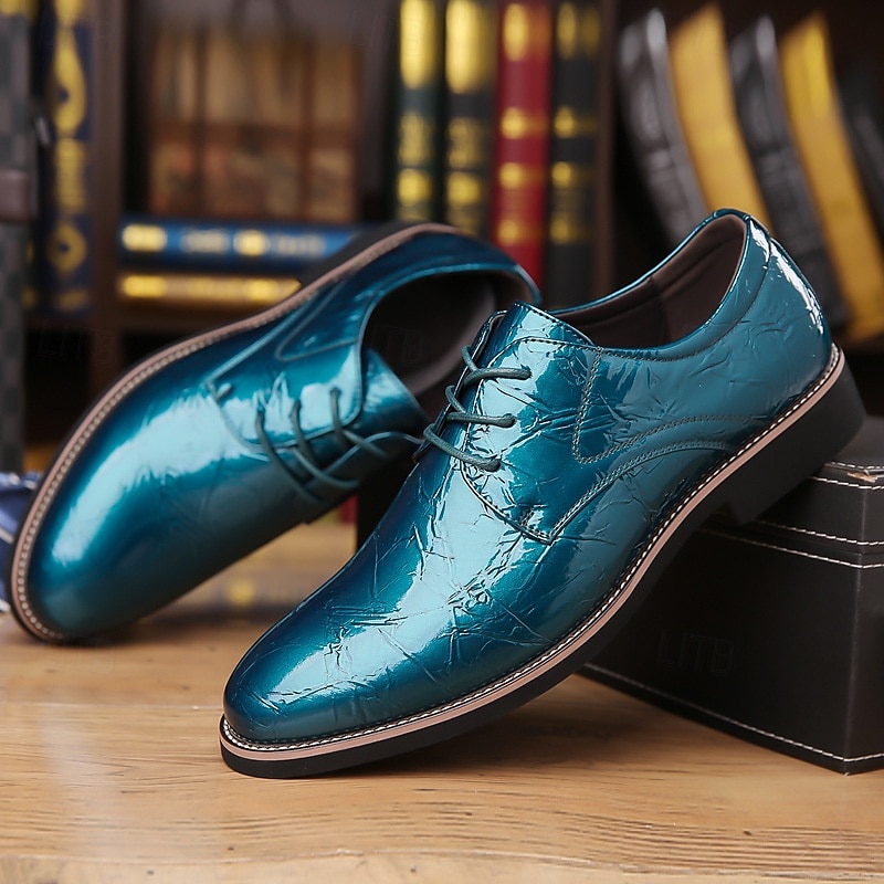 sapatos sociais masculinos de verniz azul-petróleo brilhante com cadarço – calçados formais elegantes para casamentos e eventos empresariais de 2026 por $46.99 –P8