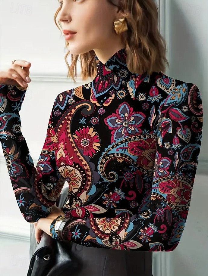 Femmes Tunique Fleuri Élégant Bohème ancien manche longue Col roulé Col haut Hauts Réguliers Sortir Noir Fuchsia Vert Automne Hiver de 2025 ? $24.99 –P8