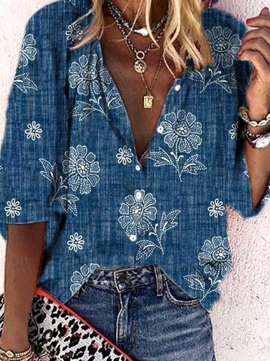 Dam sommartoppar blommig grafisk 3D bohem vintage vardaglig 3/4 längd ärm halvärmad V-hals vanliga toppar daglig semester strandkläder rynkad broderad tryck denim blå marinblå ljusblå sommar 2026 - $42.99 –P2