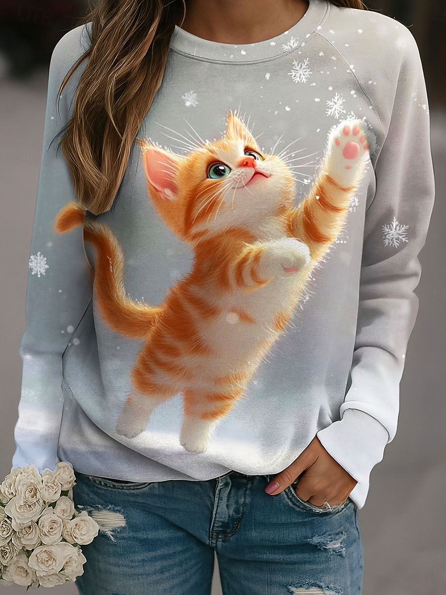 Dame Pullover Grafisk Katt Fritid Langermet Crew-hals Vanlige topper Avslappet Blå Lilla Kakifarget Grå Høst Vinter 2025 - $25.99 –P3