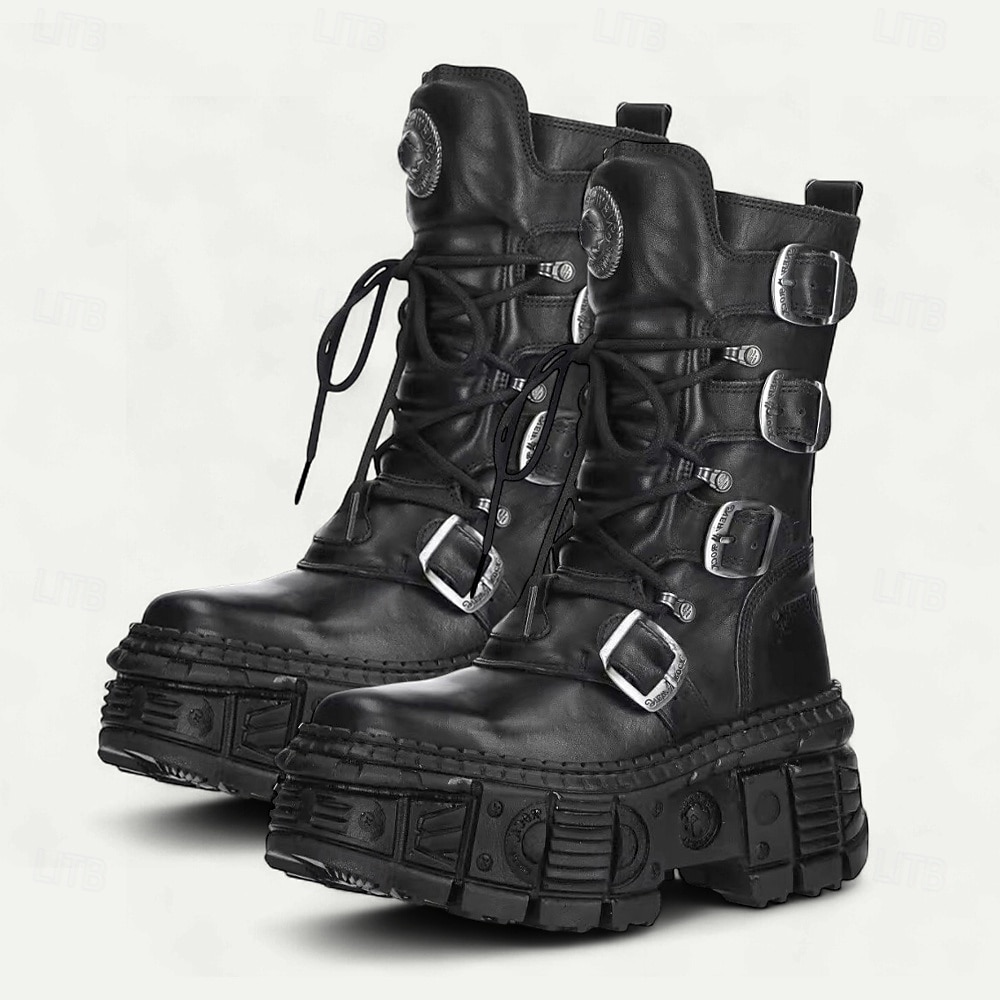 Gothic-Punk-Kampfstiefel für Herren, echtes Rindsleder mit Schnallenriemen und klobiger Plateausohle, alternatives Modeschuhwerk für Partys, Festivals und Streetwear 2026 - $139.99 –P3