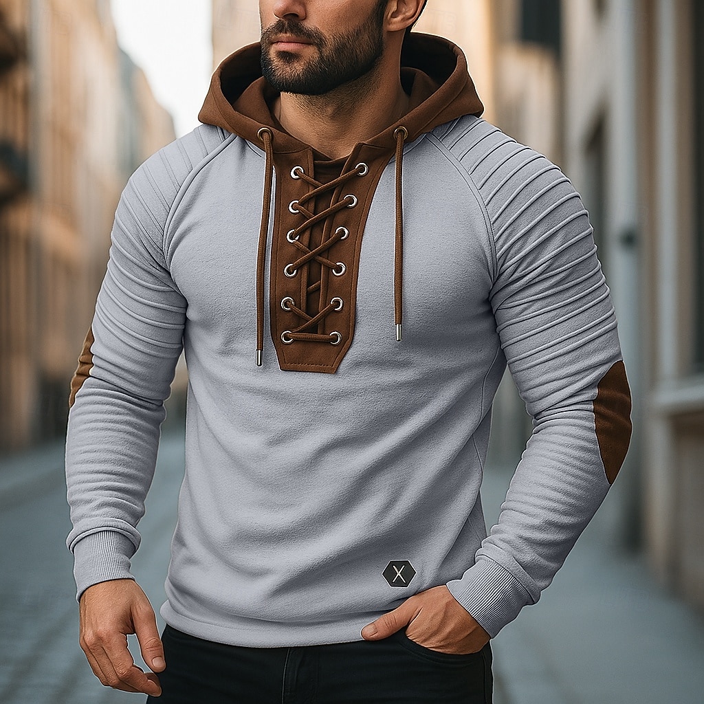 Herren T Shirt T-Shirt Langarmshirt Langarm Mit Kapuze Herbst Frühling & Herbst Farbblock Schmale Falten Mode Designer Basic Schnürung Patchwork Urlaub Straße Lässig Schwarz Armeegrün Beige Top 2025 - $25.99 –P10