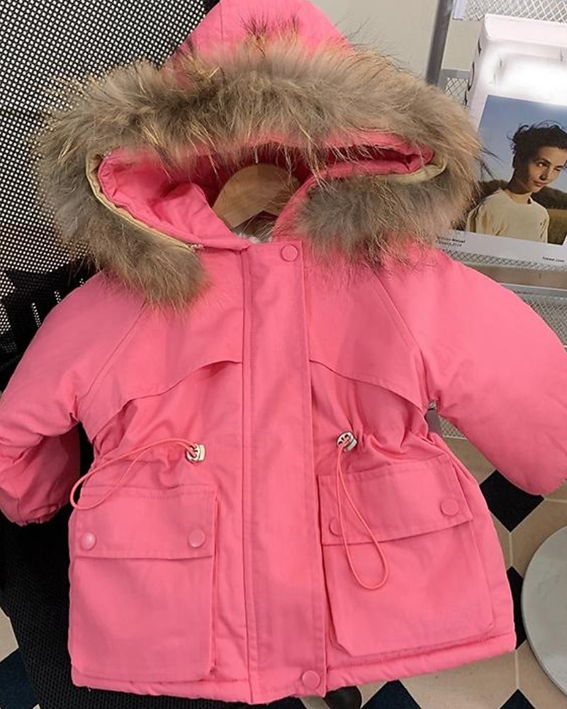 Kinderen Voor meisjes Dons Effen Kleur Modieus Bontzoom School jas bovenkleding 4-12 jaar Winter Blozend Roze Khaki 2025 - $36.99 –P3